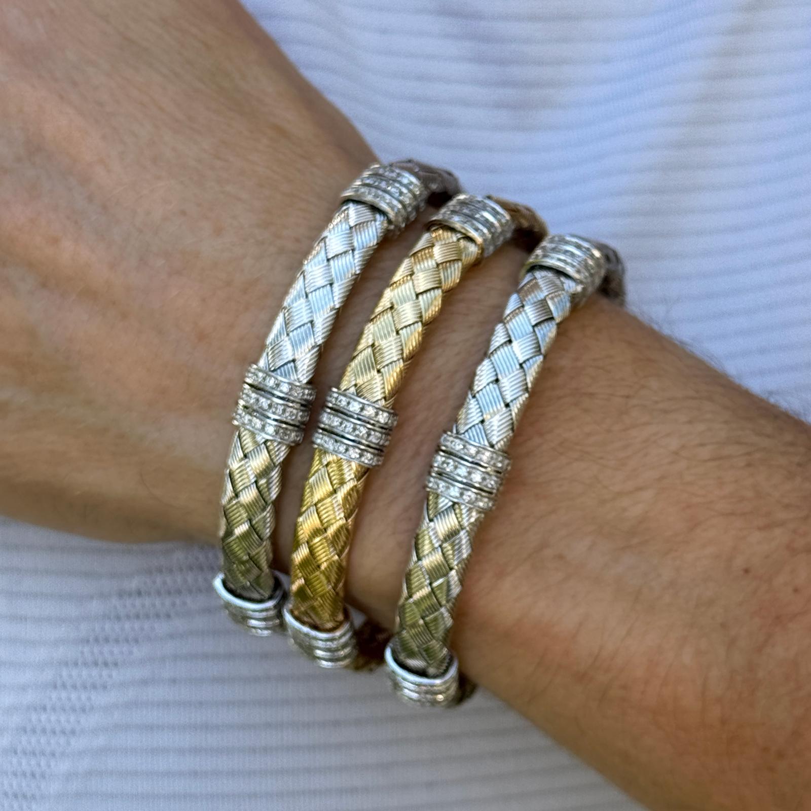 Set Of Three 14 Karat White & Yellow Woven Gold Diamond Stacking Bracelets