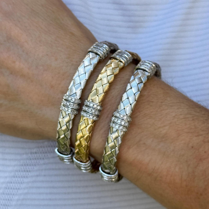 Set Of Three 14 Karat White & Yellow Woven Gold Diamond Stacking Bracelets