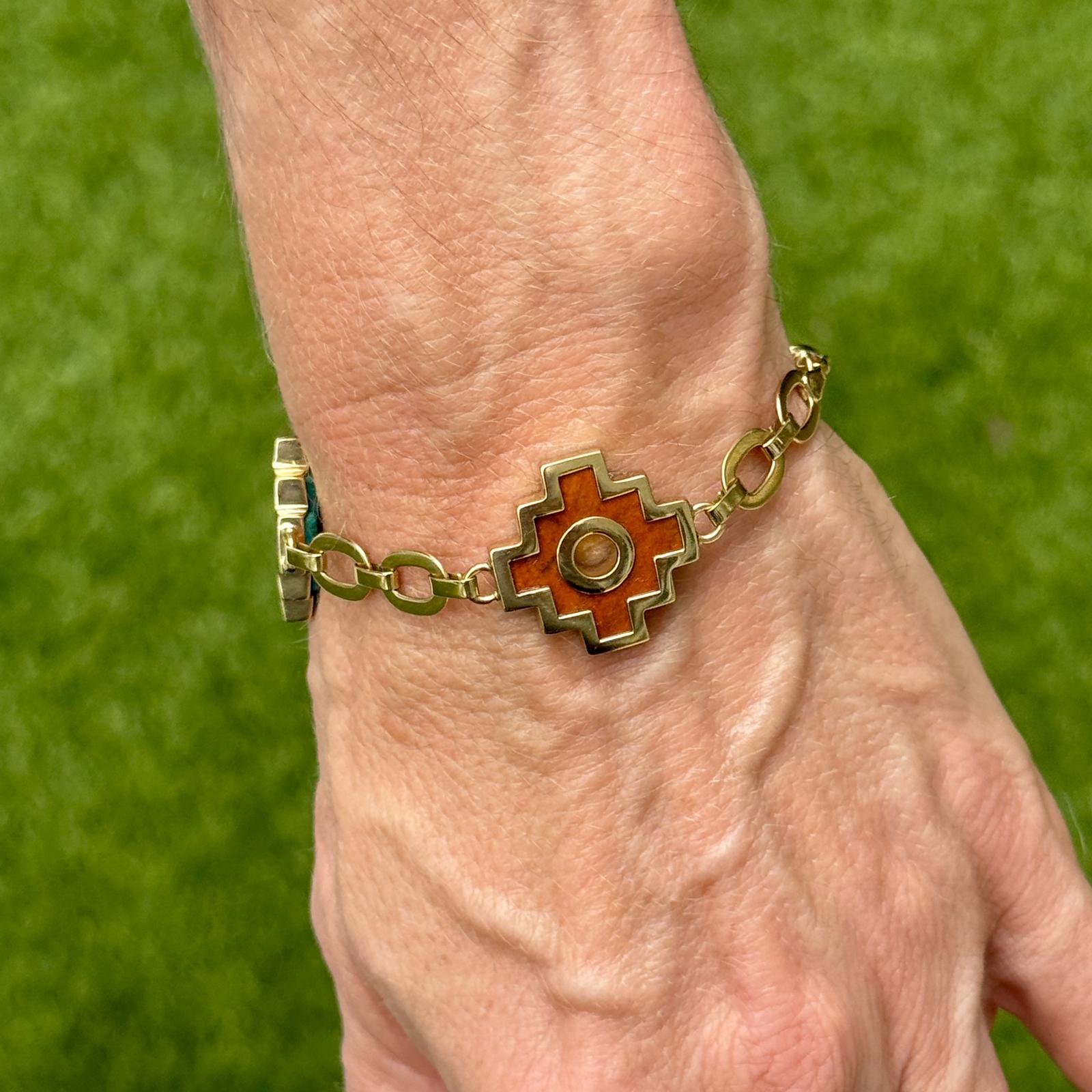 Malachite Sodalite 18 Karat Yellow Gold Chakana Link Bracelet