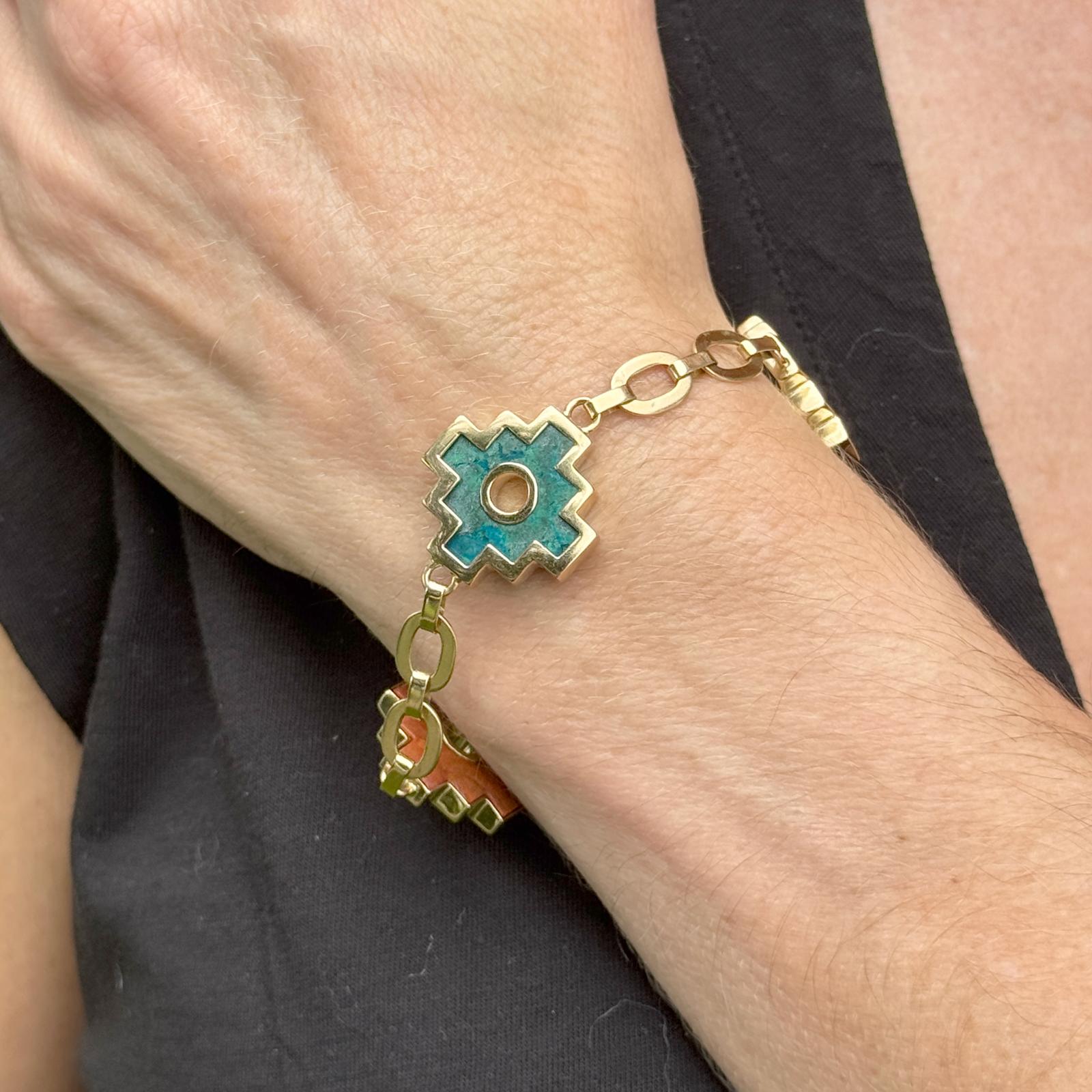 Malachite Sodalite 18 Karat Yellow Gold Chakana Link Bracelet
