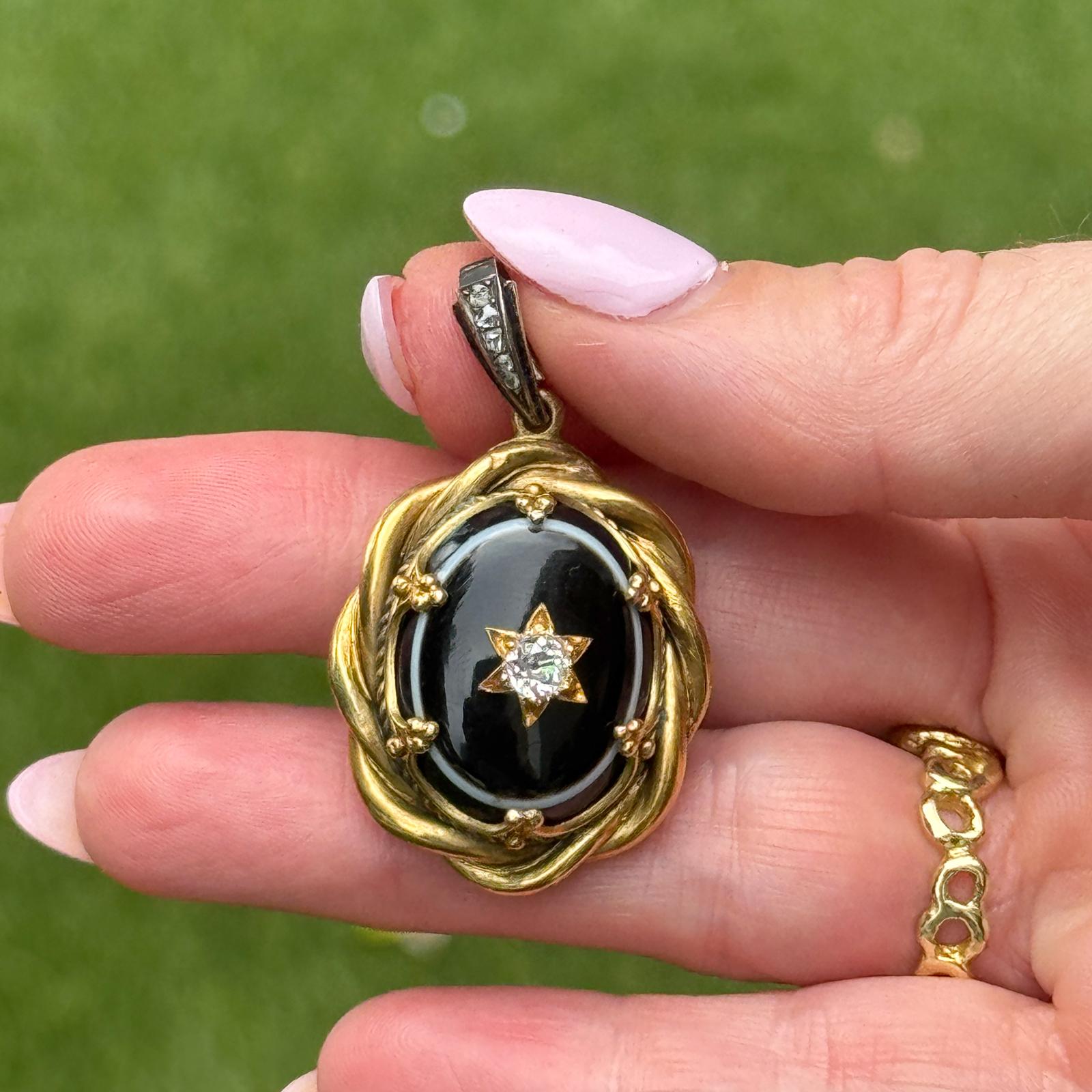 Victorian Diamond Onyx 18 Karat Yellow Gold Antique Locket Pendant