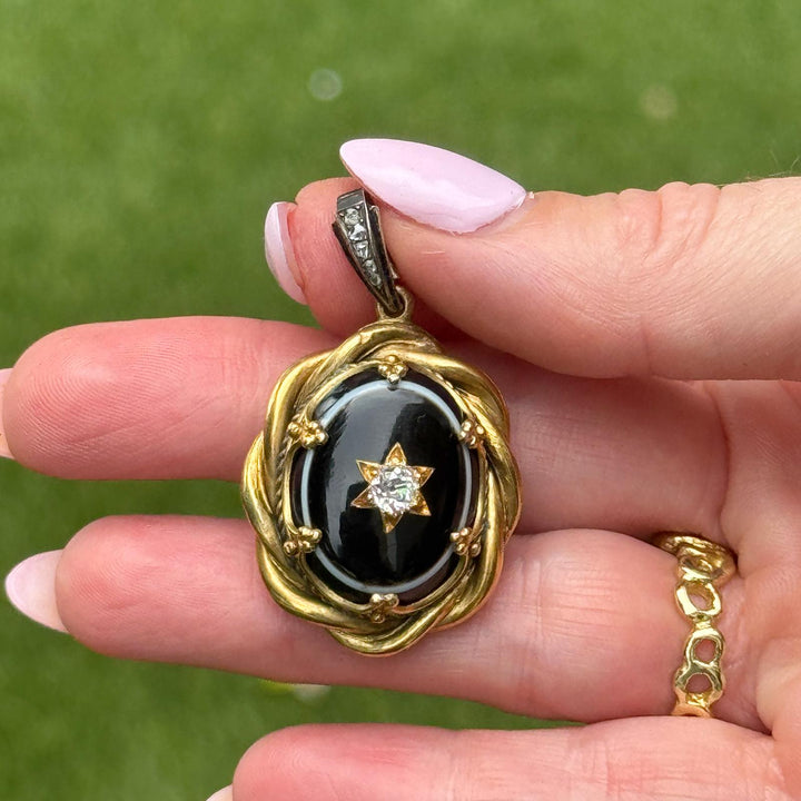 Victorian Diamond Onyx 18 Karat Yellow Gold Antique Locket Pendant