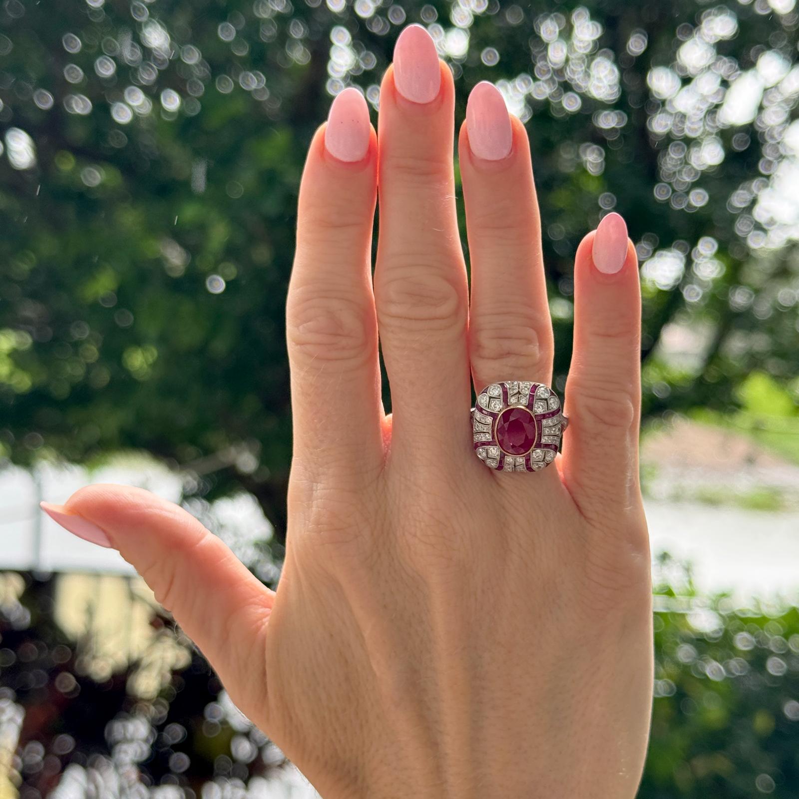 Burma Ruby Diamond Platinum Vintage Cocktail Ring