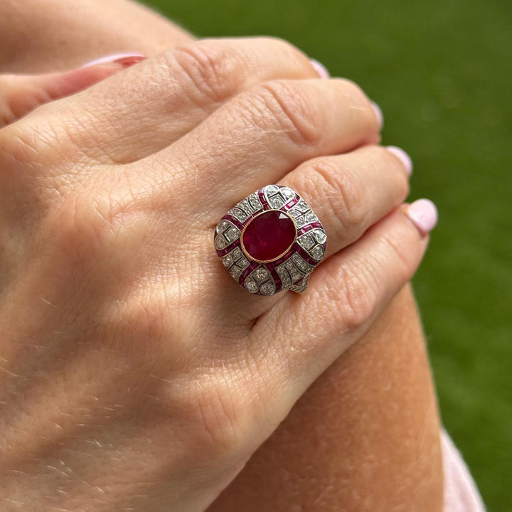 Burma Ruby Diamond Platinum Vintage Cocktail Ring