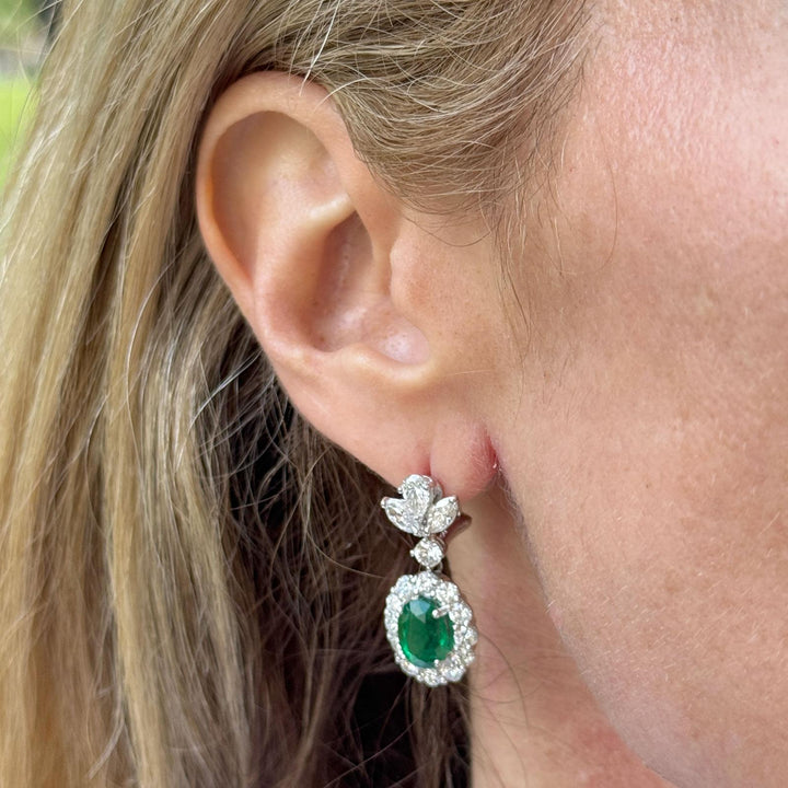 Emerald Diamond 18 Karat White Gold Drop Leverback Earrings New