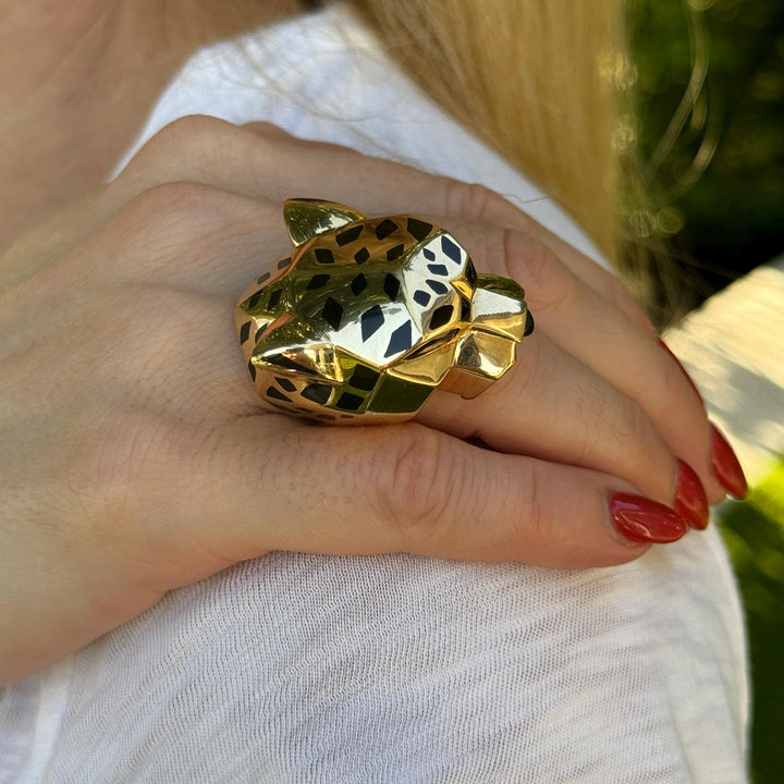 Panthère de Cartier 18 Karat Yellow Gold Black Lacquer Peridot Ring Size 53 B&P