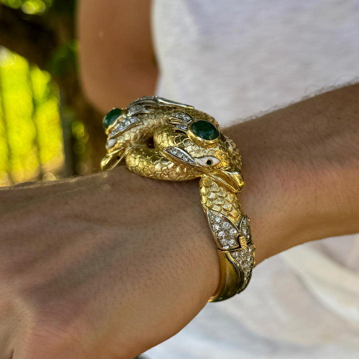 Mid-20th Century Double Snake Head Diamond Emerald Hinged Bangle Bracelet