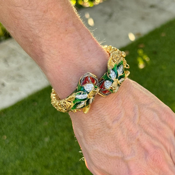 Mid-20th Century Double Head Dragon Diamond Enamel 18K Flexible Bangle Bracelet