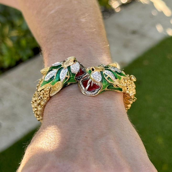 Mid-20th Century Double Head Dragon Diamond Enamel 18K Flexible Bangle Bracelet