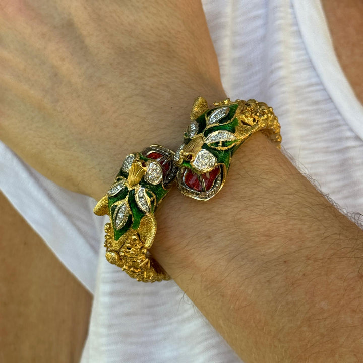Mid-20th Century Double Head Dragon Diamond Enamel 18K Flexible Bangle Bracelet