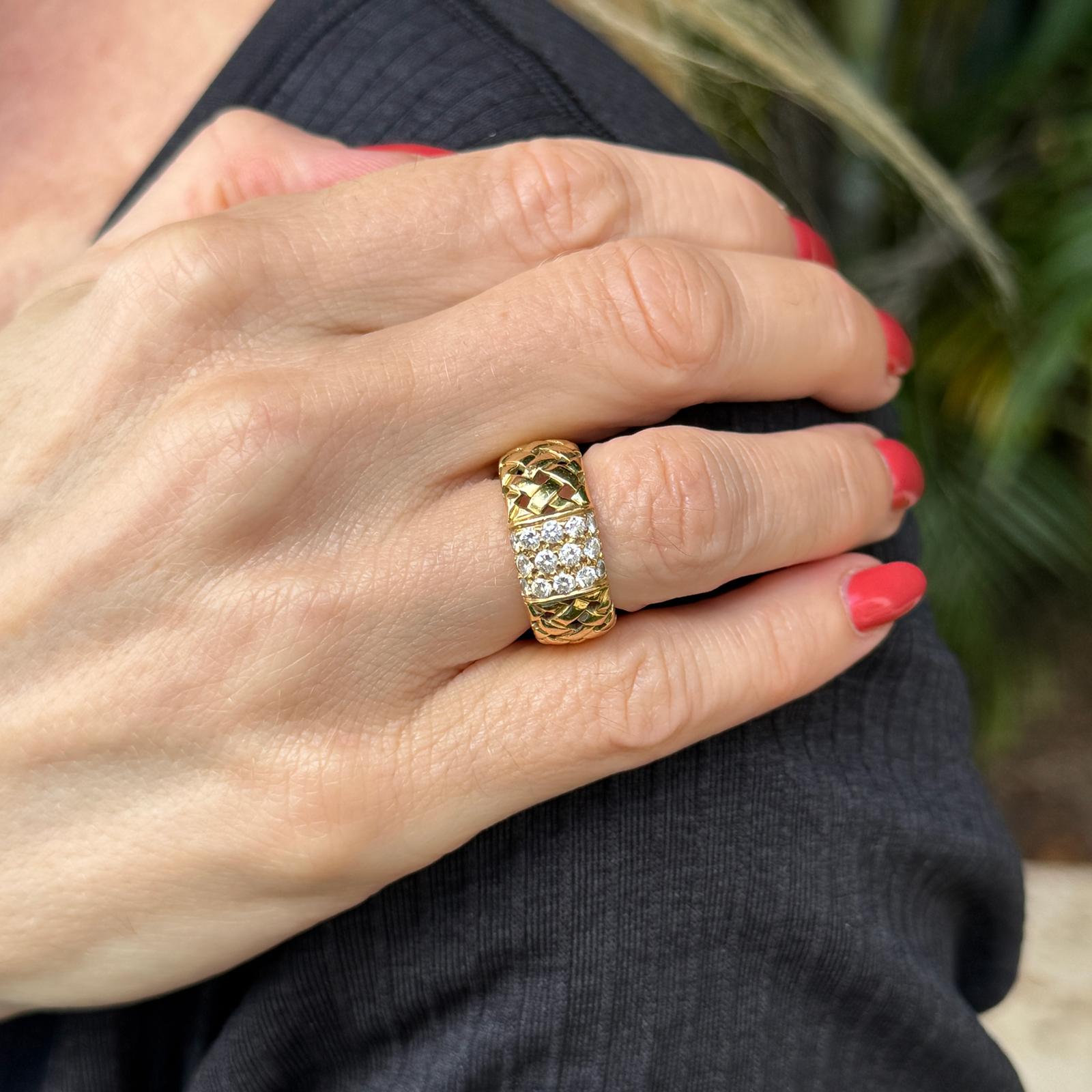 Tiffany & Co 18KYG Vannerie Basket Weave Diamond Band Ring Circa 1995
