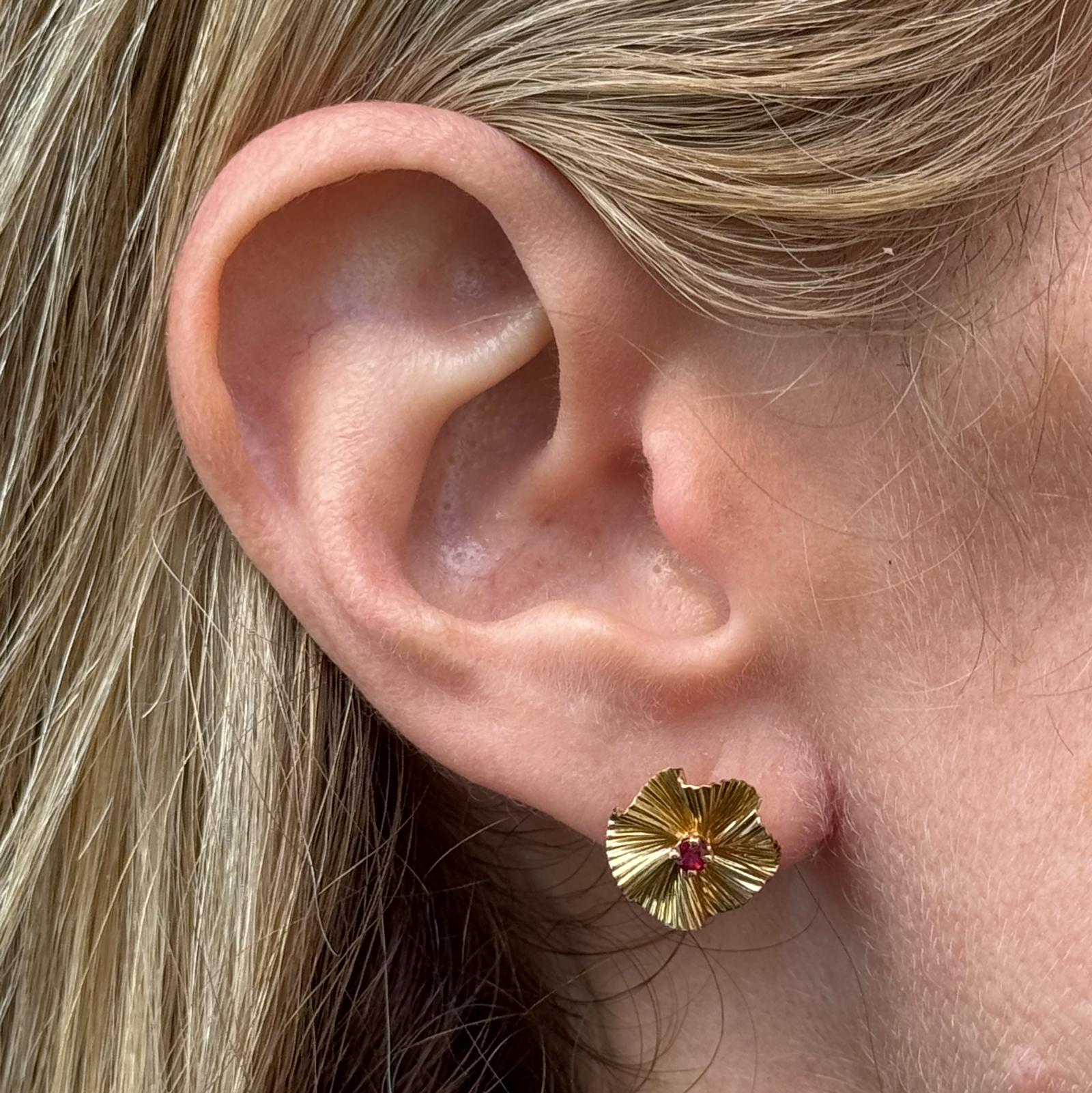 1950's Tiffany & Co. Ruby 14 Karat Yellow Gold Fan Style Retro Stud Earrings
