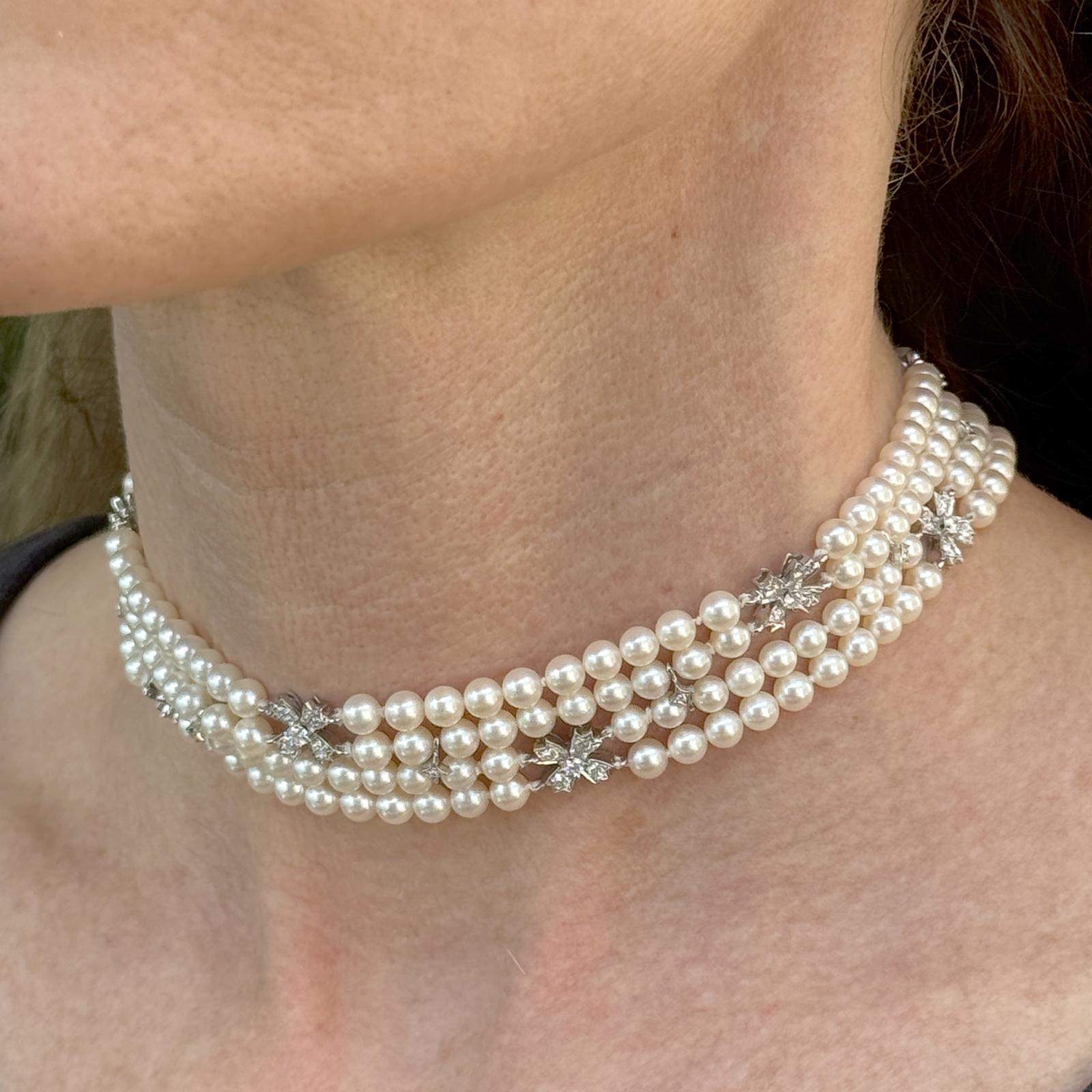 1994 Tiffany &Co. Platinum Akoya Cultured Pearl Floral Diamond Choker Necklace
