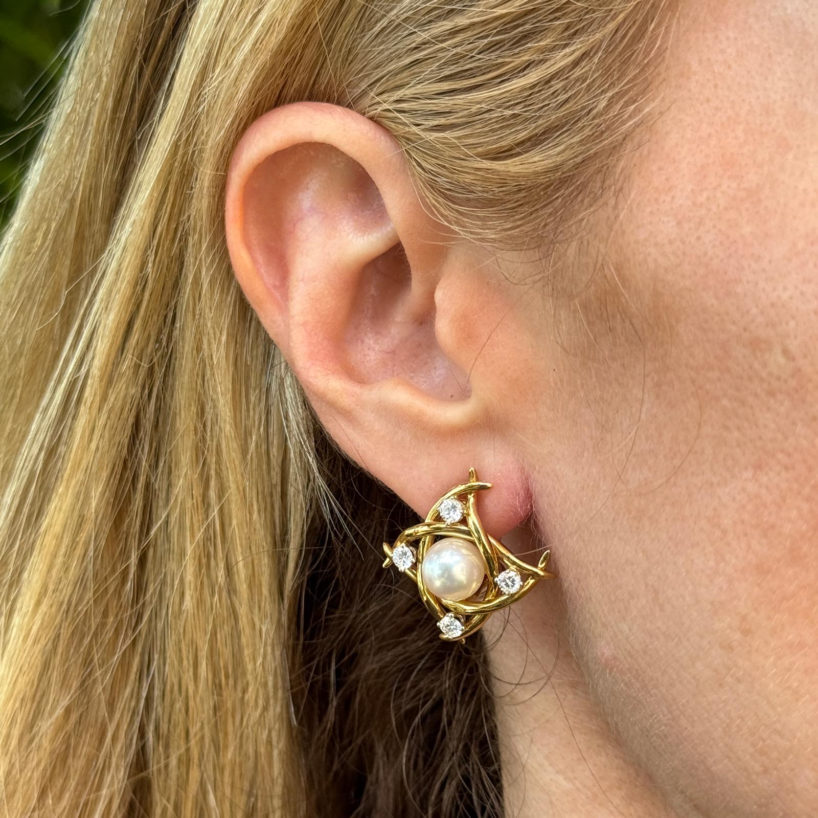 Tiffany & Co. Diamond Pearl 18 Karat Yellow Gold Lever-Back Earrings