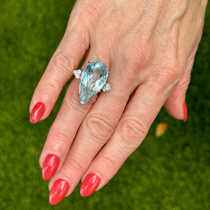 Pear Shape Aquamarine Diamond 14KWG Vintage Cocktail Ring