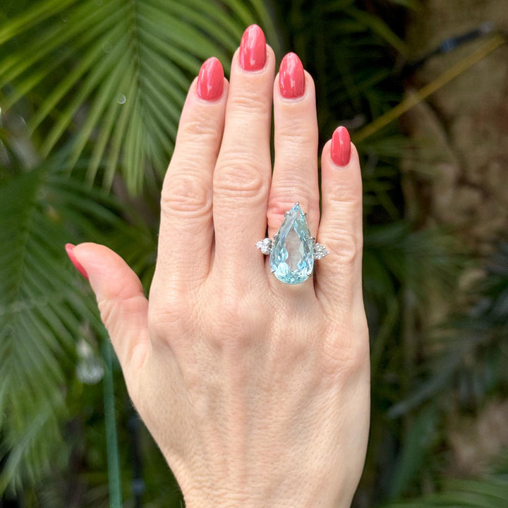Pear Shape Aquamarine Diamond 14KWG Vintage Cocktail Ring