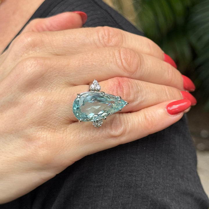 Pear Shape Aquamarine Diamond 14KWG Vintage Cocktail Ring