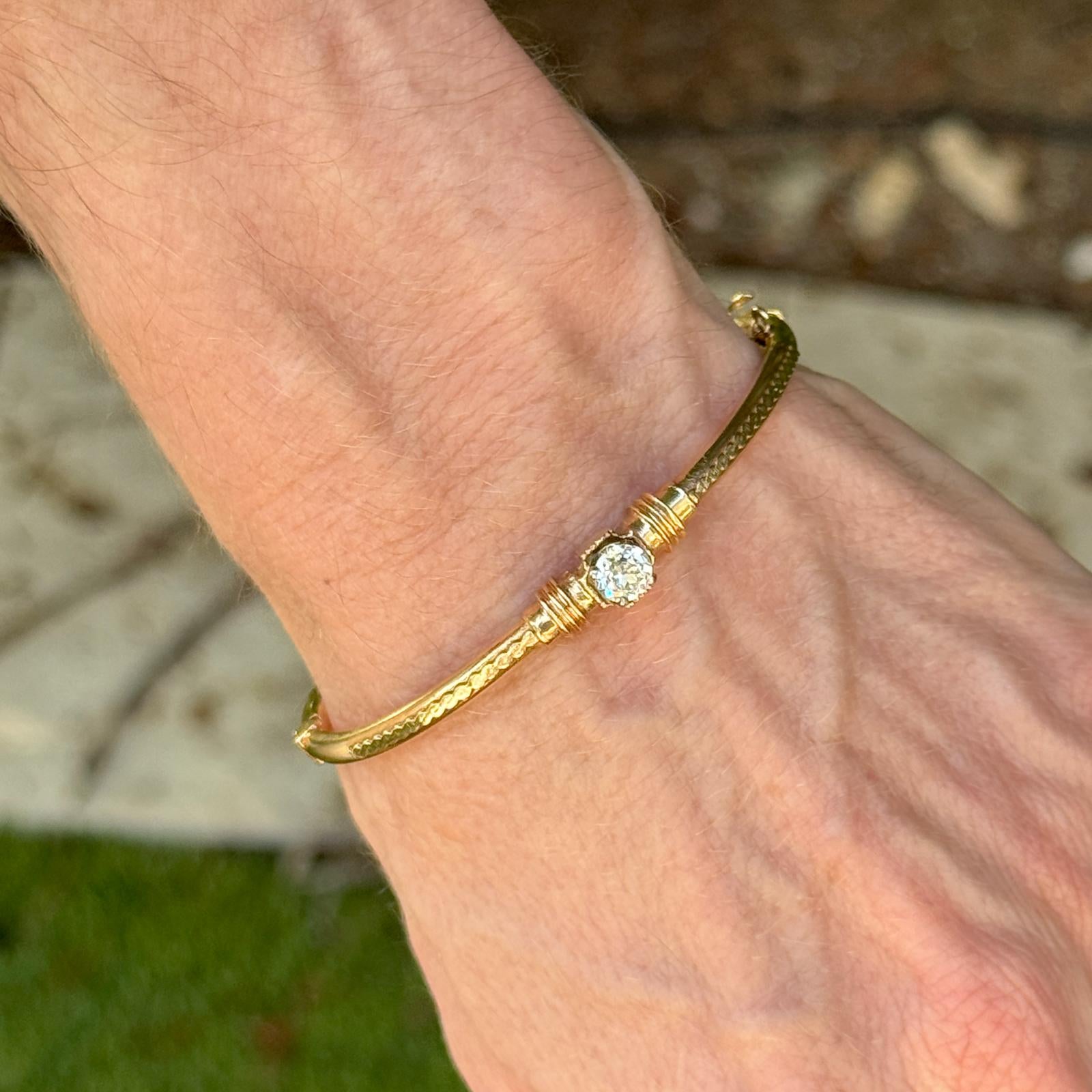 Early 20th Century Edwardian Old Mine Cut Diamond 14KYG Hinged Bangle Bracelet