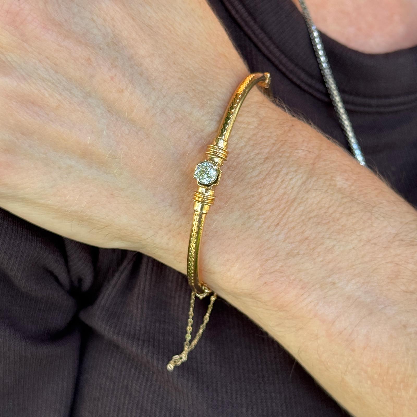 Early 20th Century Edwardian Old Mine Cut Diamond 14KYG Hinged Bangle Bracelet