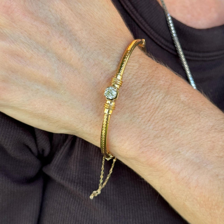 Early 20th Century Edwardian Old Mine Cut Diamond 14KYG Hinged Bangle Bracelet