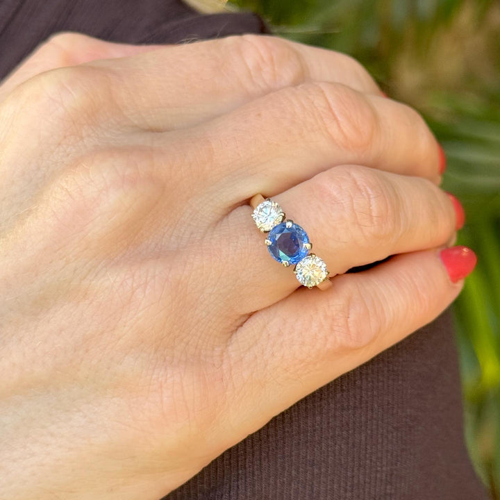 Sapphire Diamond Three Stone Band Ring 14 Karat Yellow Gold