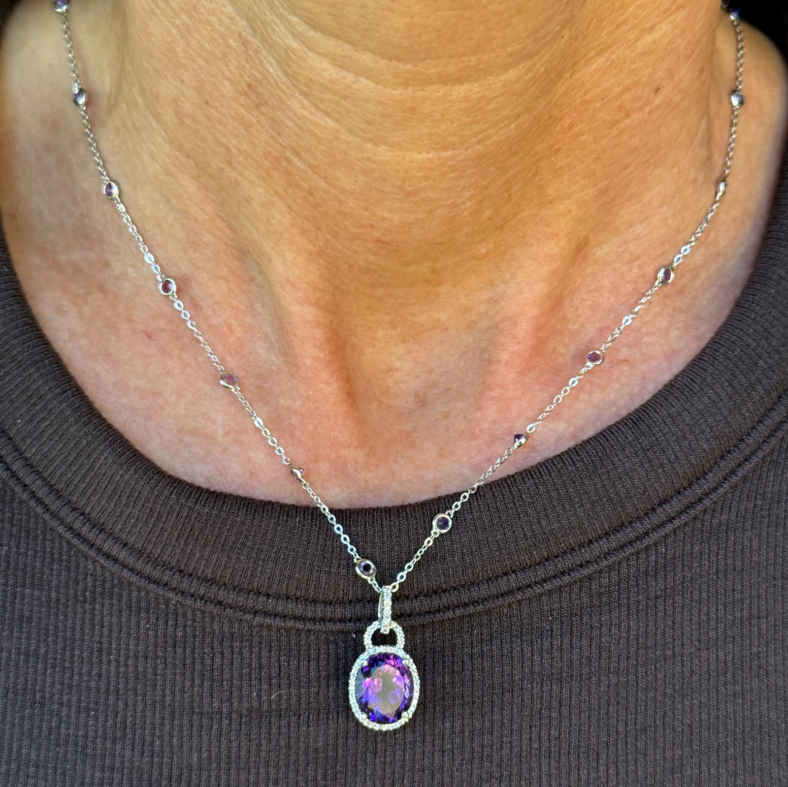 Amethyst Diamond Pendant with Bezel Set Amethyst Station 14KWG Necklace
