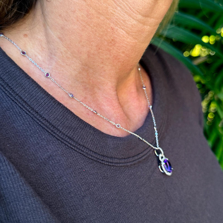 Amethyst Diamond Pendant with Bezel Set Amethyst Station 14KWG Necklace