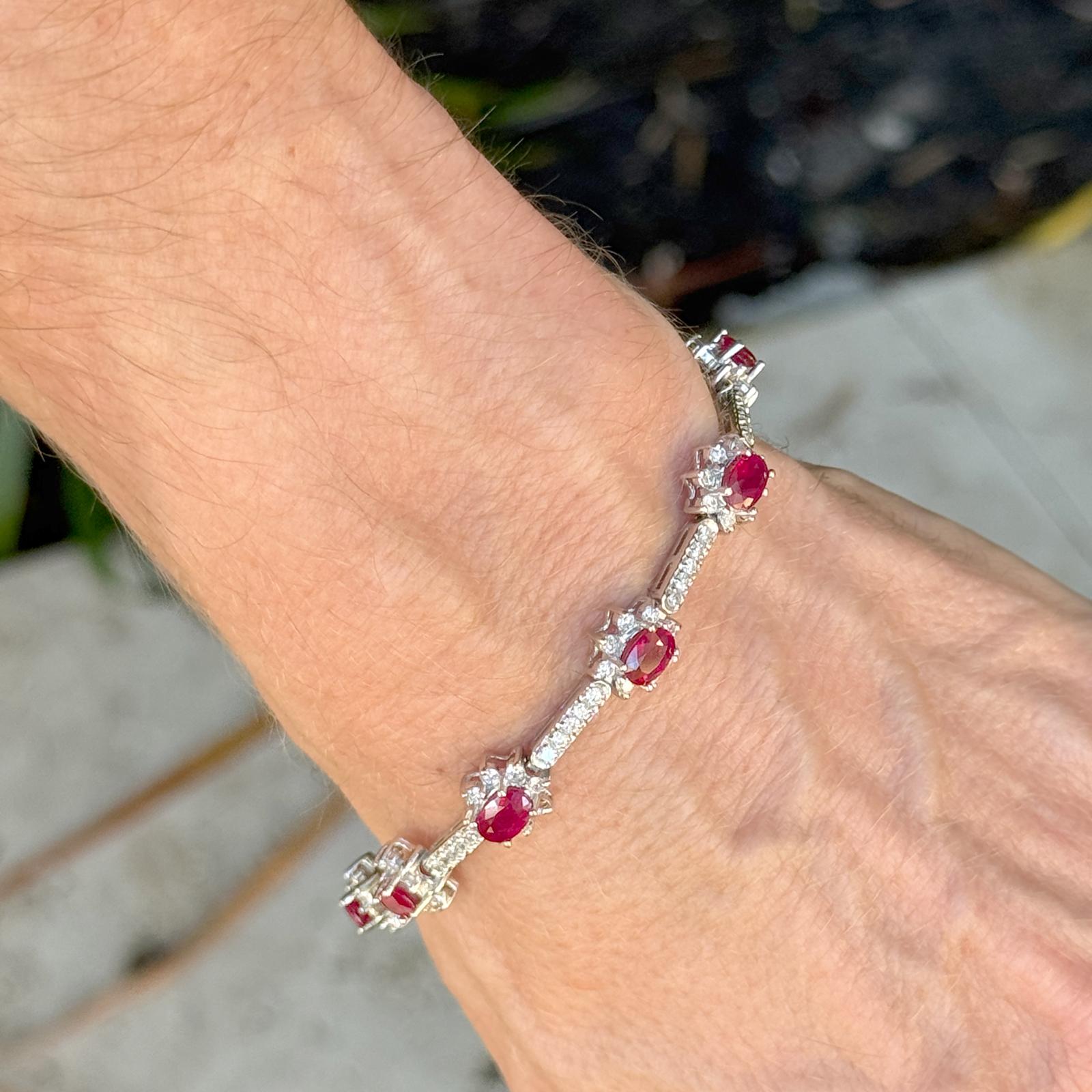 Oval Ruby Round Brilliant Cut Diamond 14 Karat White Gold Link Bracelet