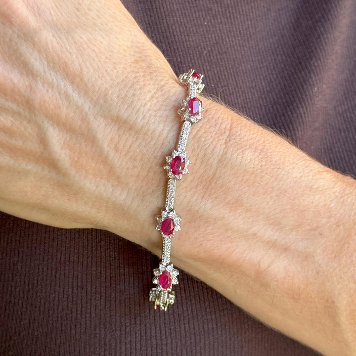 Oval Ruby Round Brilliant Cut Diamond 14 Karat White Gold Link Bracelet