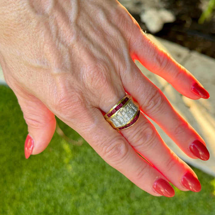 Diamond Ruby 18 Karat Yellow Gold Wide Vintage Band Ring