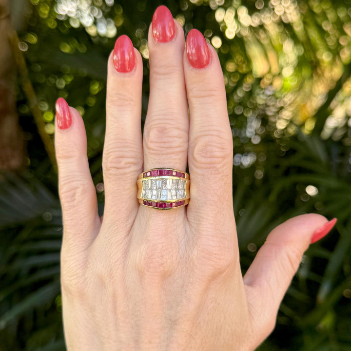 Diamond Ruby 18 Karat Yellow Gold Wide Vintage Band Ring