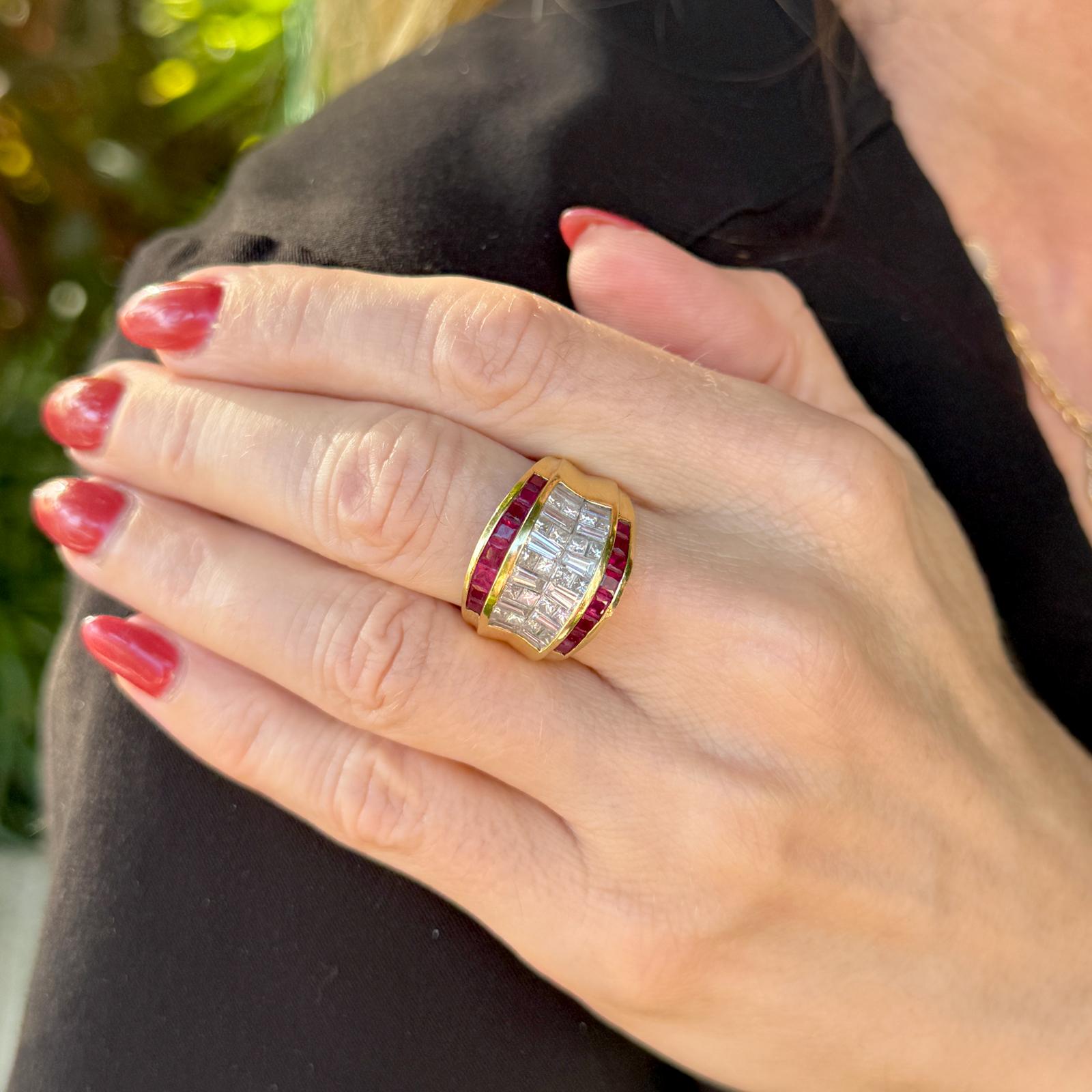 Diamond Ruby 18 Karat Yellow Gold Wide Vintage Band Ring