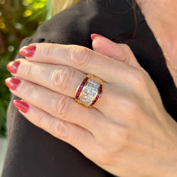 Diamond Ruby 18 Karat Yellow Gold Wide Vintage Band Ring