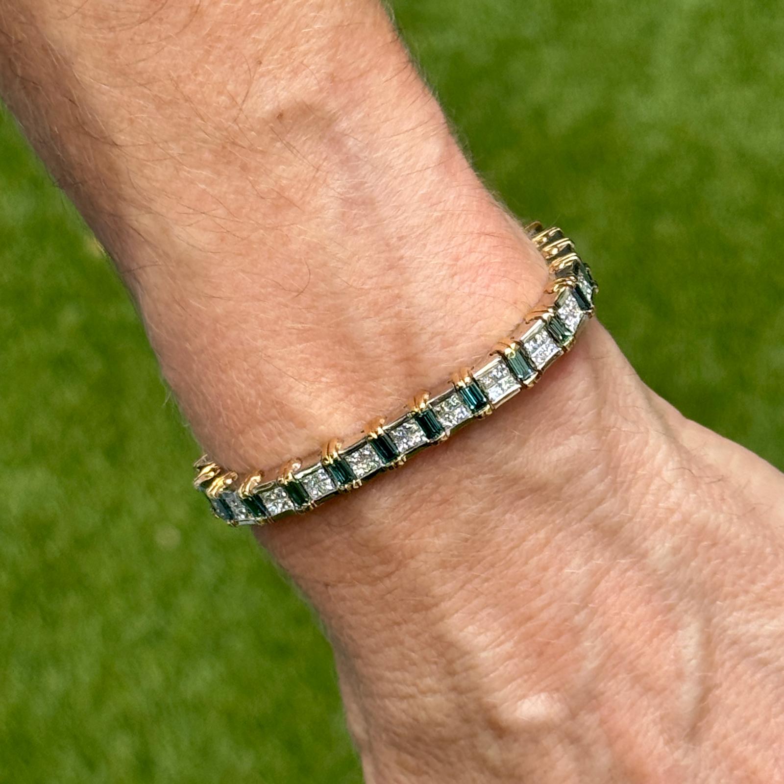 Princess-Cut Diamond & Baguette-Cut Blue Diamond 14 Karat Two Tone Link Bracelet