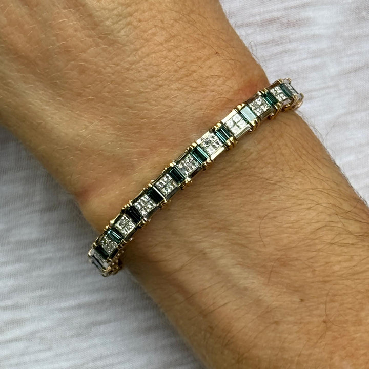 Princess-Cut Diamond & Baguette-Cut Blue Diamond 14 Karat Two Tone Link Bracelet