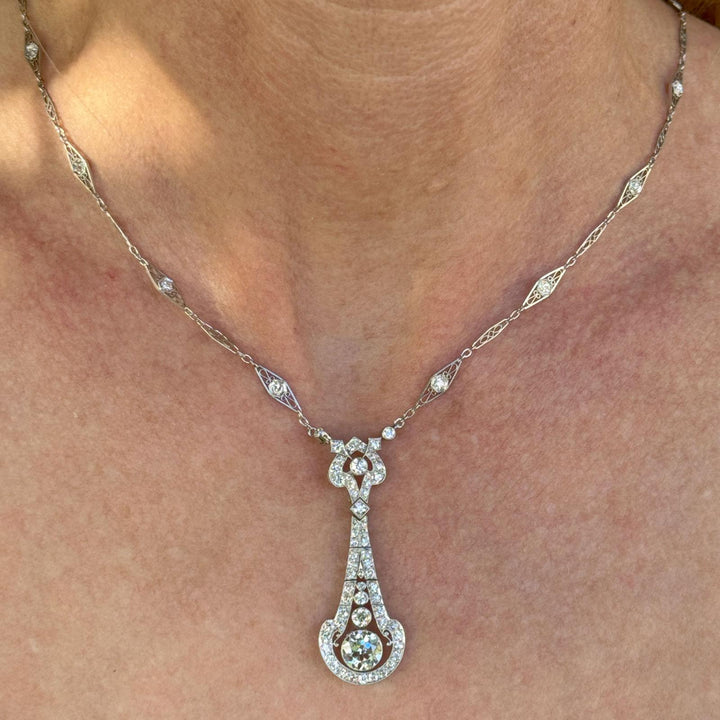 1940's Tiffany & Co. Old European Cut Diamond Platinum Pendant Diamond Necklace