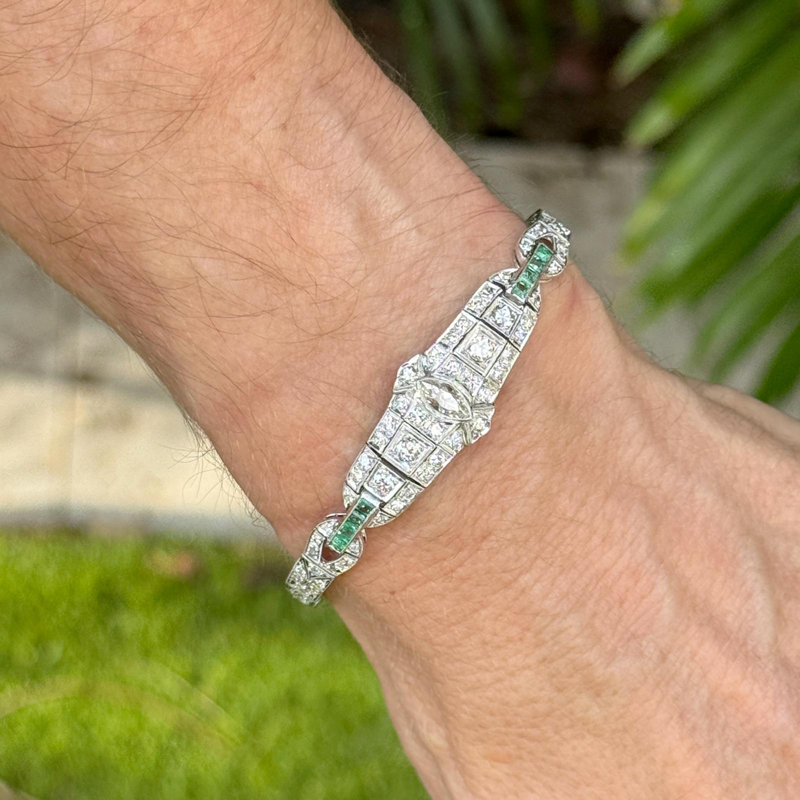 Art Deco Marquise Diamond Emerald Platinum Estate Bracelet