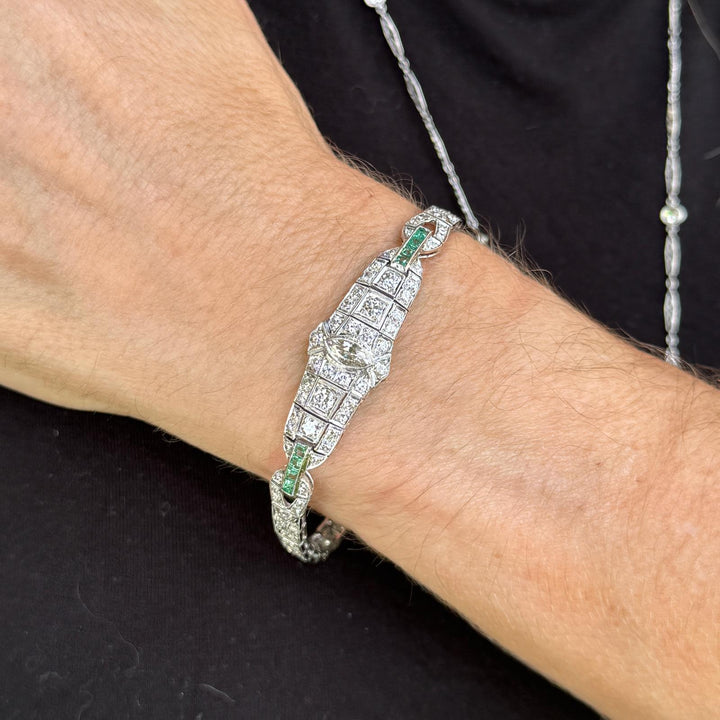 Art Deco Marquise Diamond Emerald Platinum Estate Bracelet