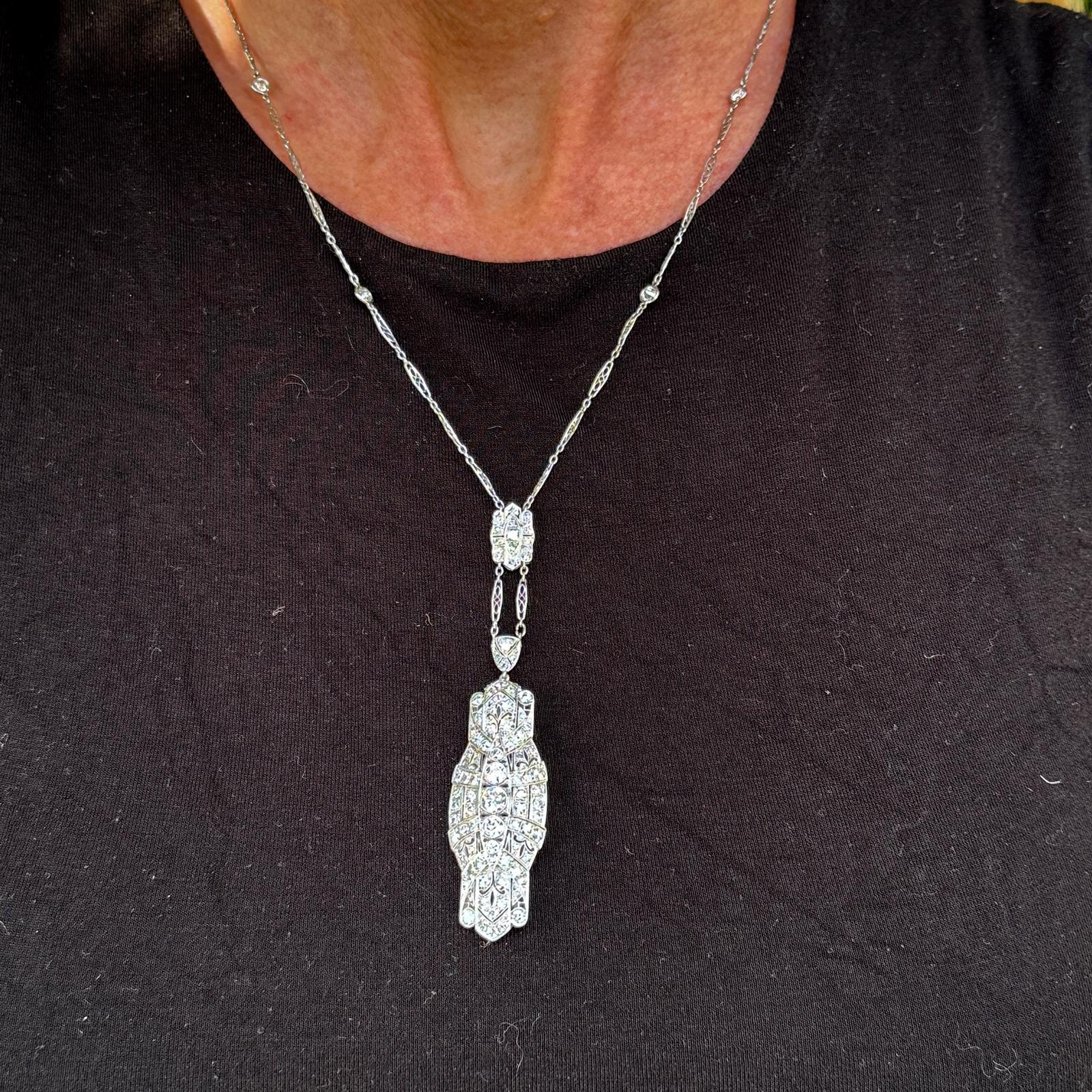 Art Deco Diamond Platinum Pin & Pendant Necklace Combo