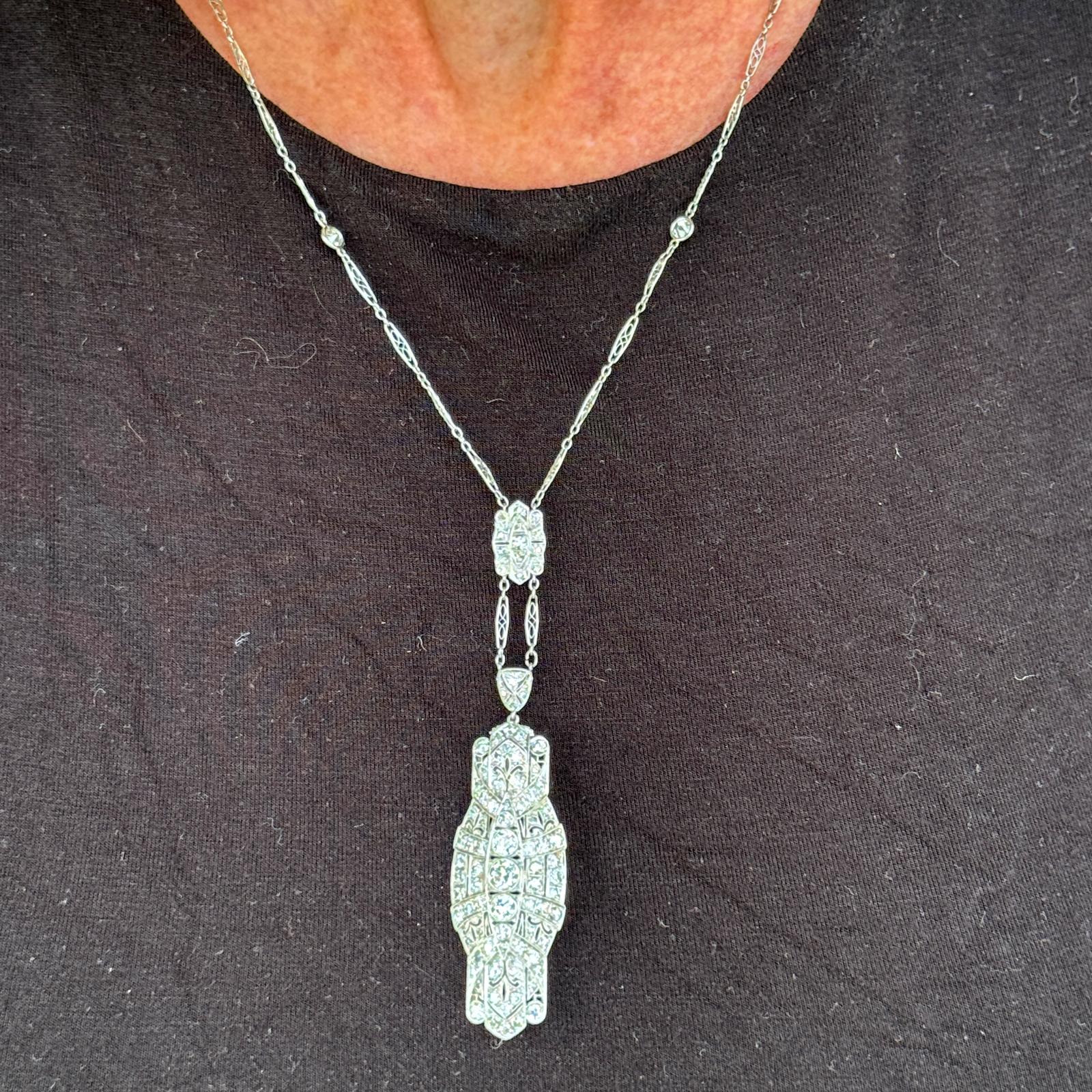 Art Deco Diamond Platinum Pin & Pendant Necklace Combo