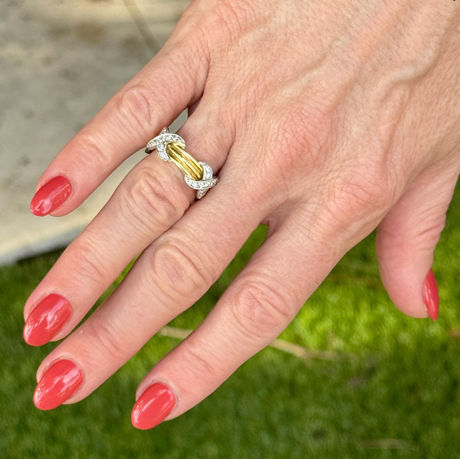 18 Karat Yellow Gold Platinum Diamond 'X' Band Ring Size 6 Modern