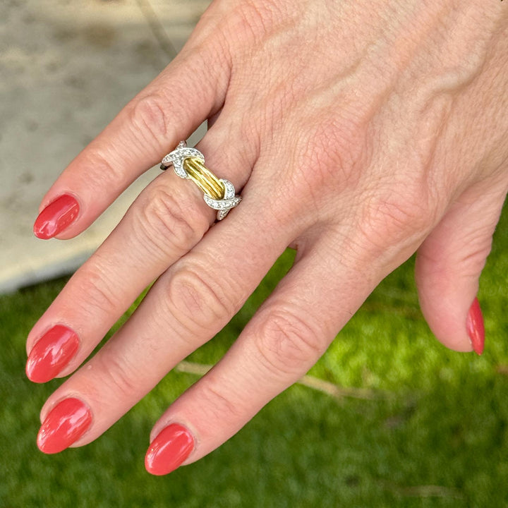 18 Karat Yellow Gold Platinum Diamond 'X' Band Ring Size 6 Modern