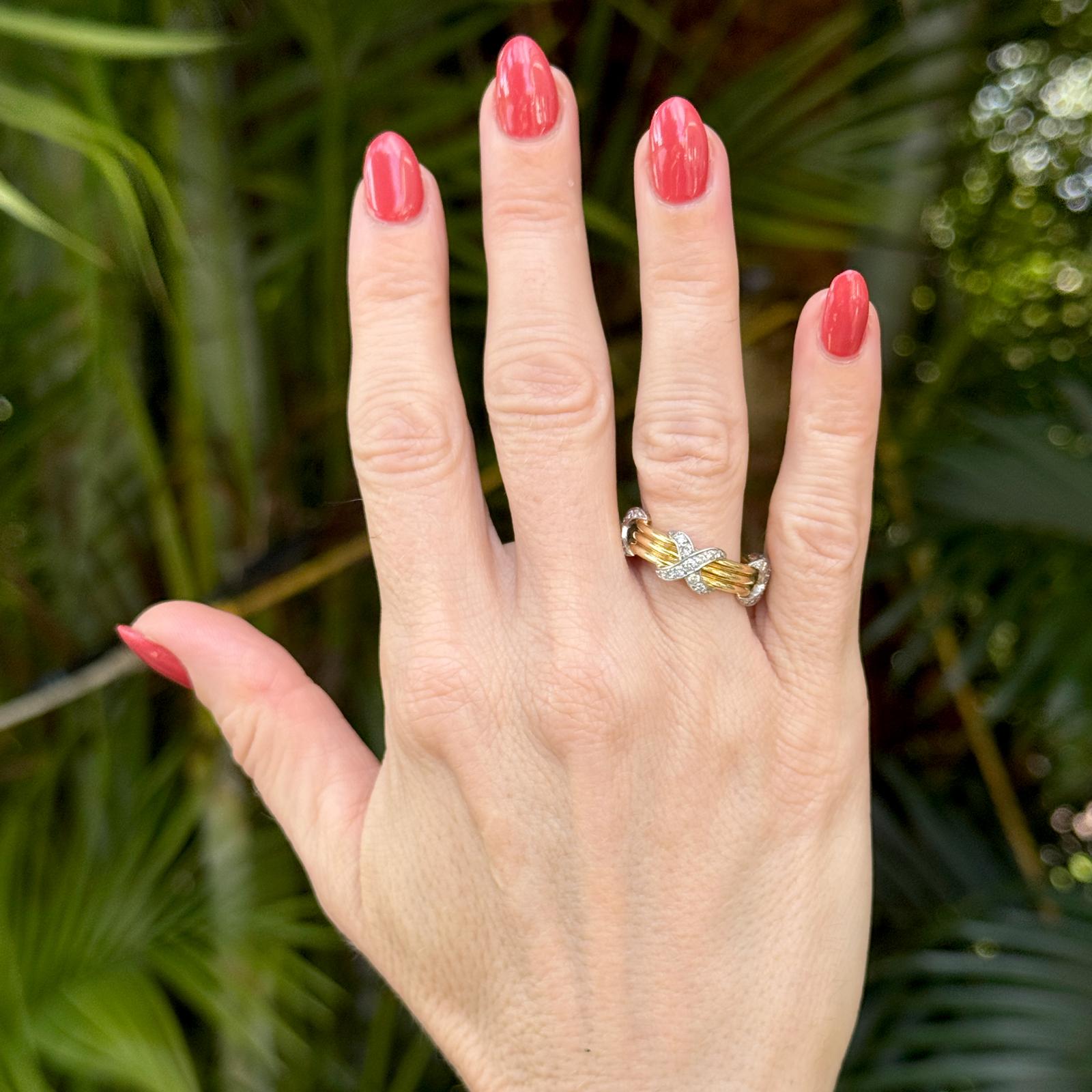 18 Karat Yellow Gold Platinum Diamond 'X' Band Ring Size 6 Modern