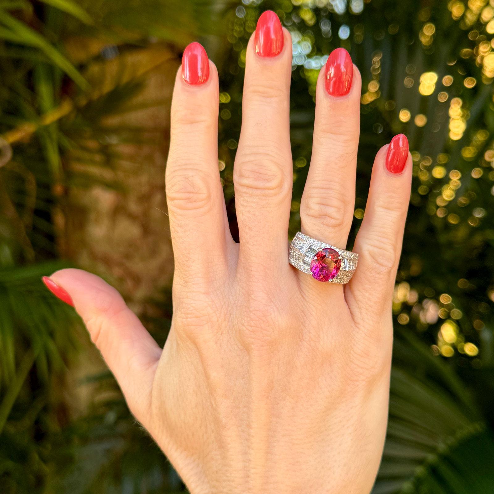 4 CT Oval Pink Tourmaline Diamond 14 Karat White Gold Cocktail Ring