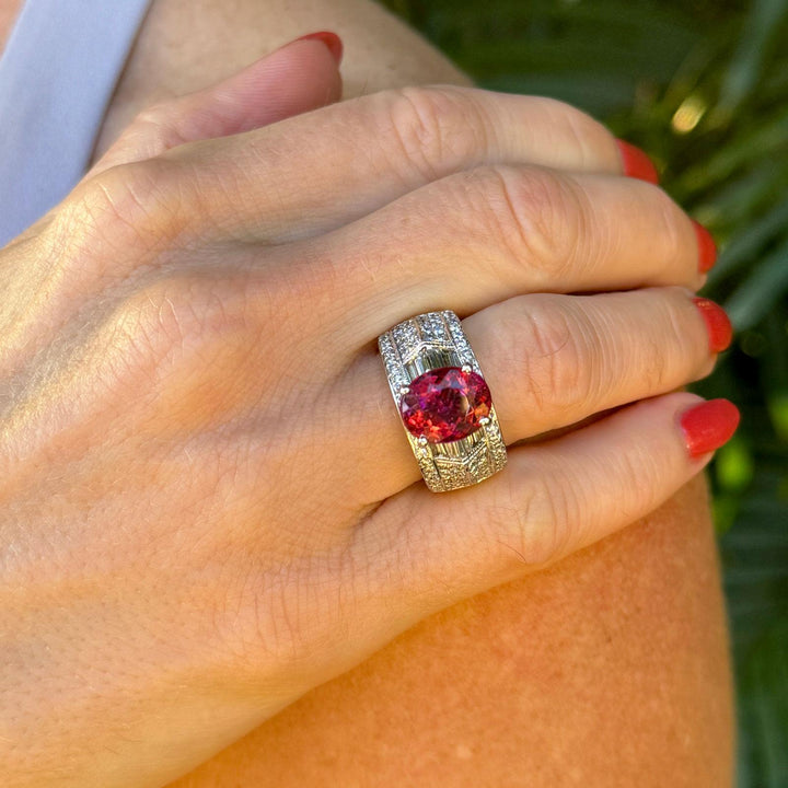 4 CT Oval Pink Tourmaline Diamond 14 Karat White Gold Cocktail Ring