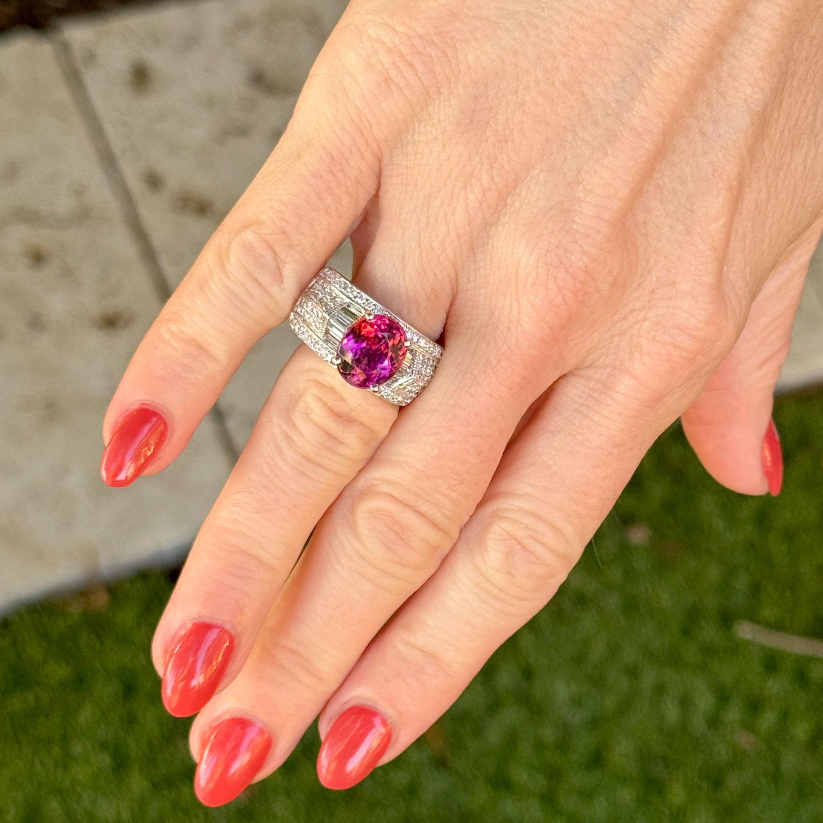4 CT Oval Pink Tourmaline Diamond 14 Karat White Gold Cocktail Ring