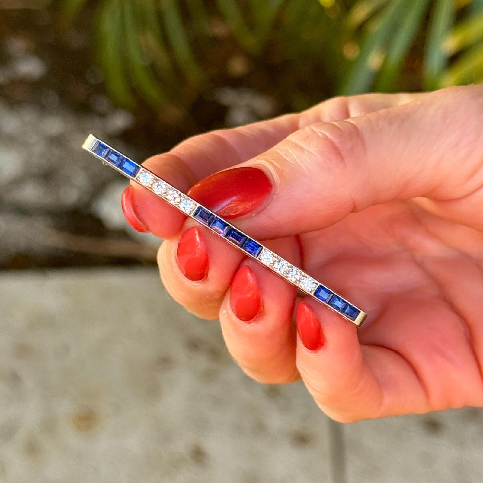 Art Deco Old European Diamond Blue Sapphire Platinum Antique Bar Pin