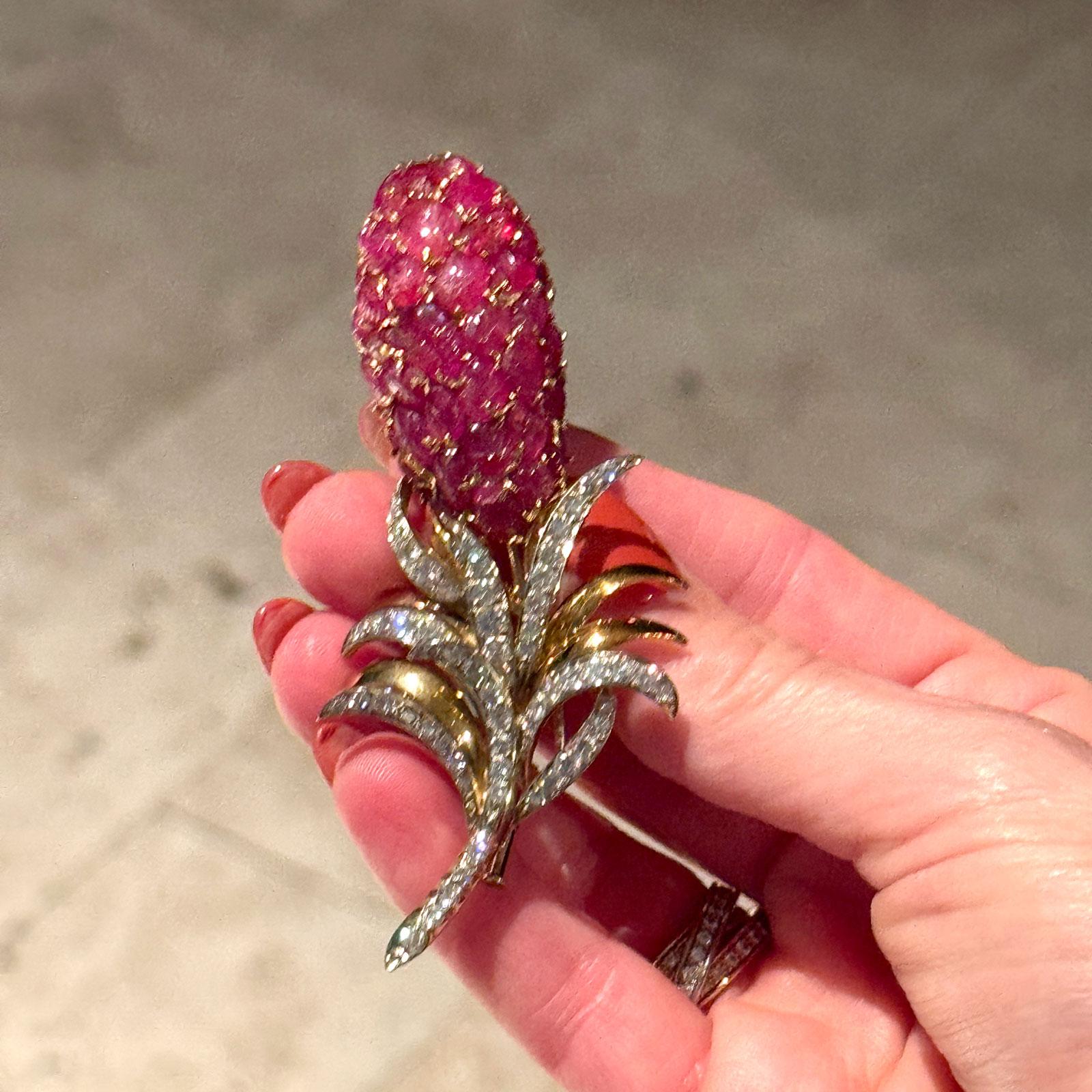 Late 20th Century Carved Ruby Diamond 18 Karat Two Tone Tulip Brooch Pin