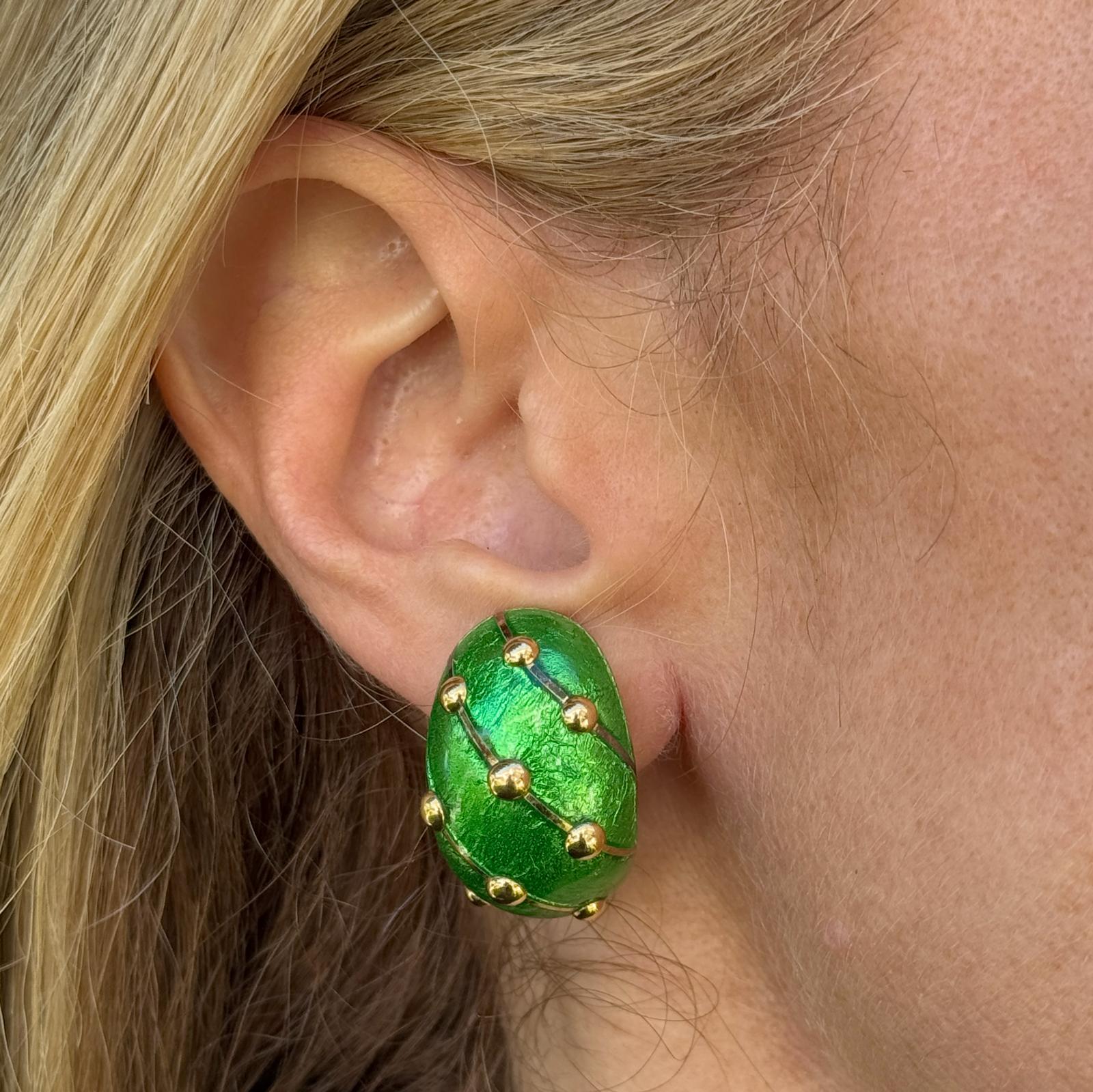 Tiffany & Co. Jean Schlumberger Green Enamel 18KYG Large Banana EarClip Earrings