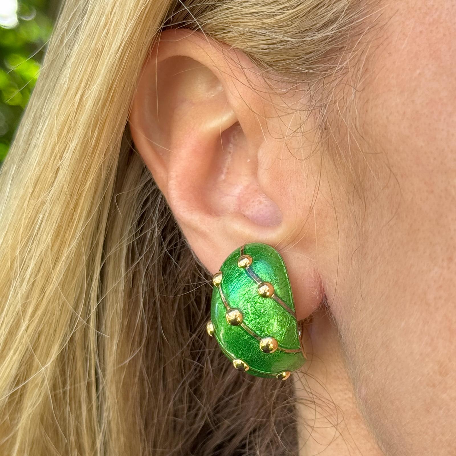 Tiffany & Co. Jean Schlumberger Green Enamel 18KYG Large Banana EarClip Earrings